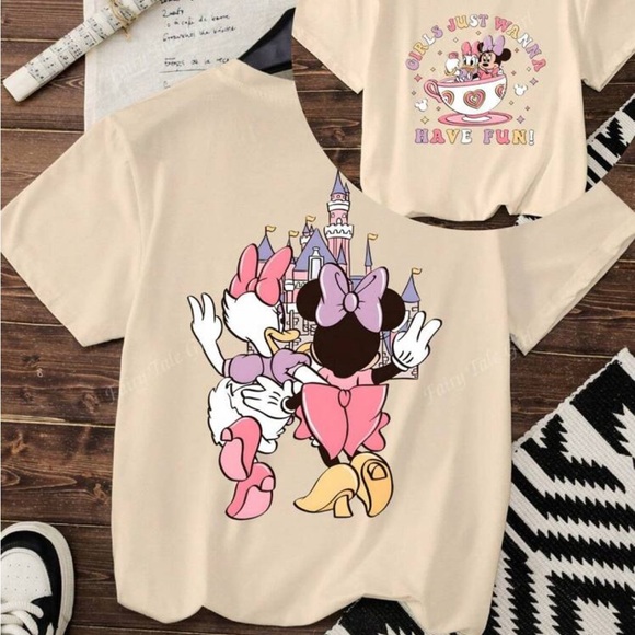 SHEIN Cream and Pink Cartoon Short Sleeve Tees - Picture 1 of 1